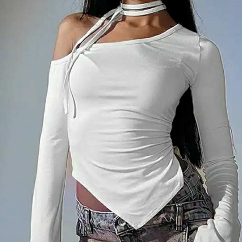 White Asymmetric Hem Long Sleeve Top - Picture 7 of 7